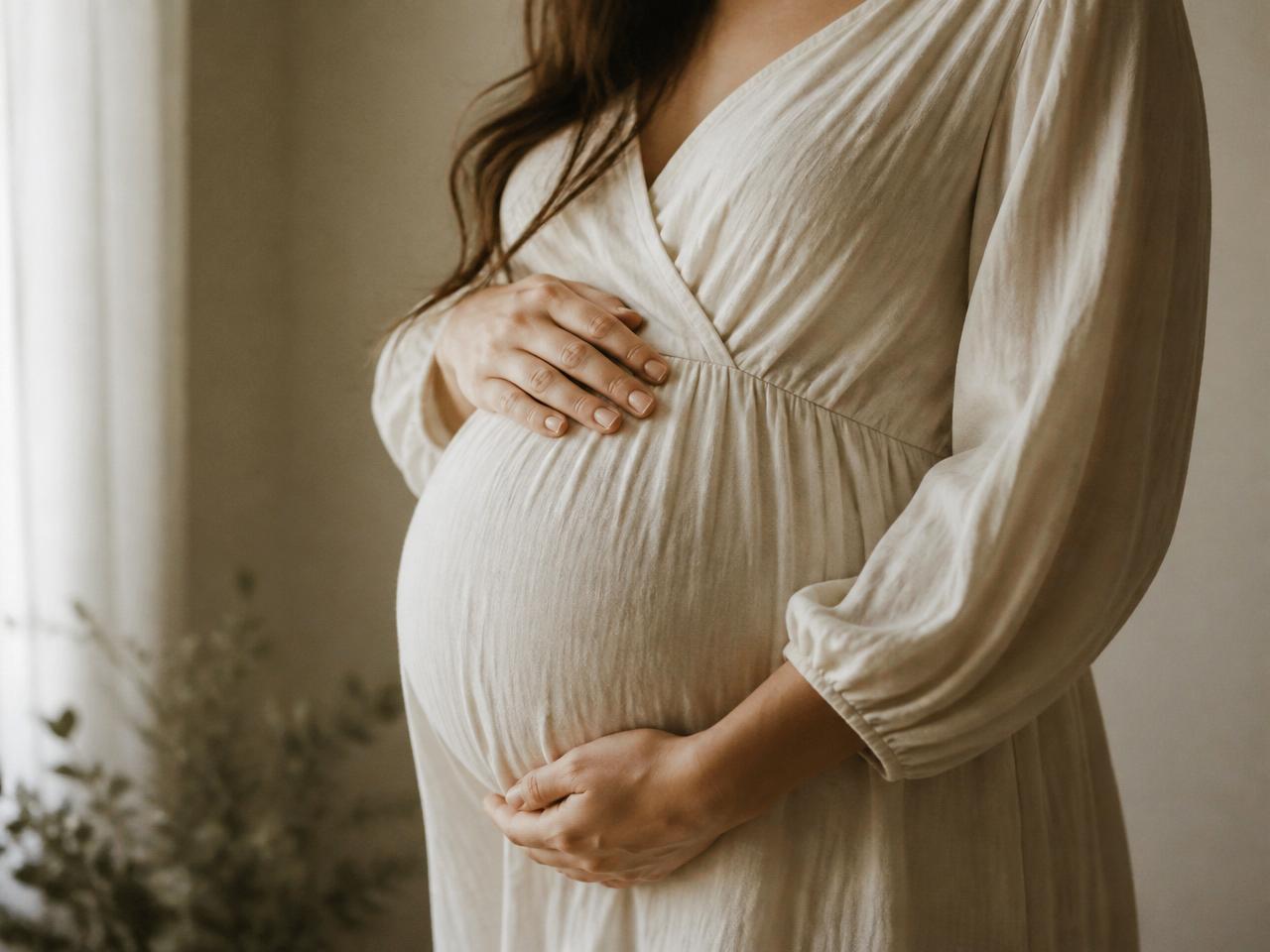 A mother in soft light gently cradling her pregnancy bump